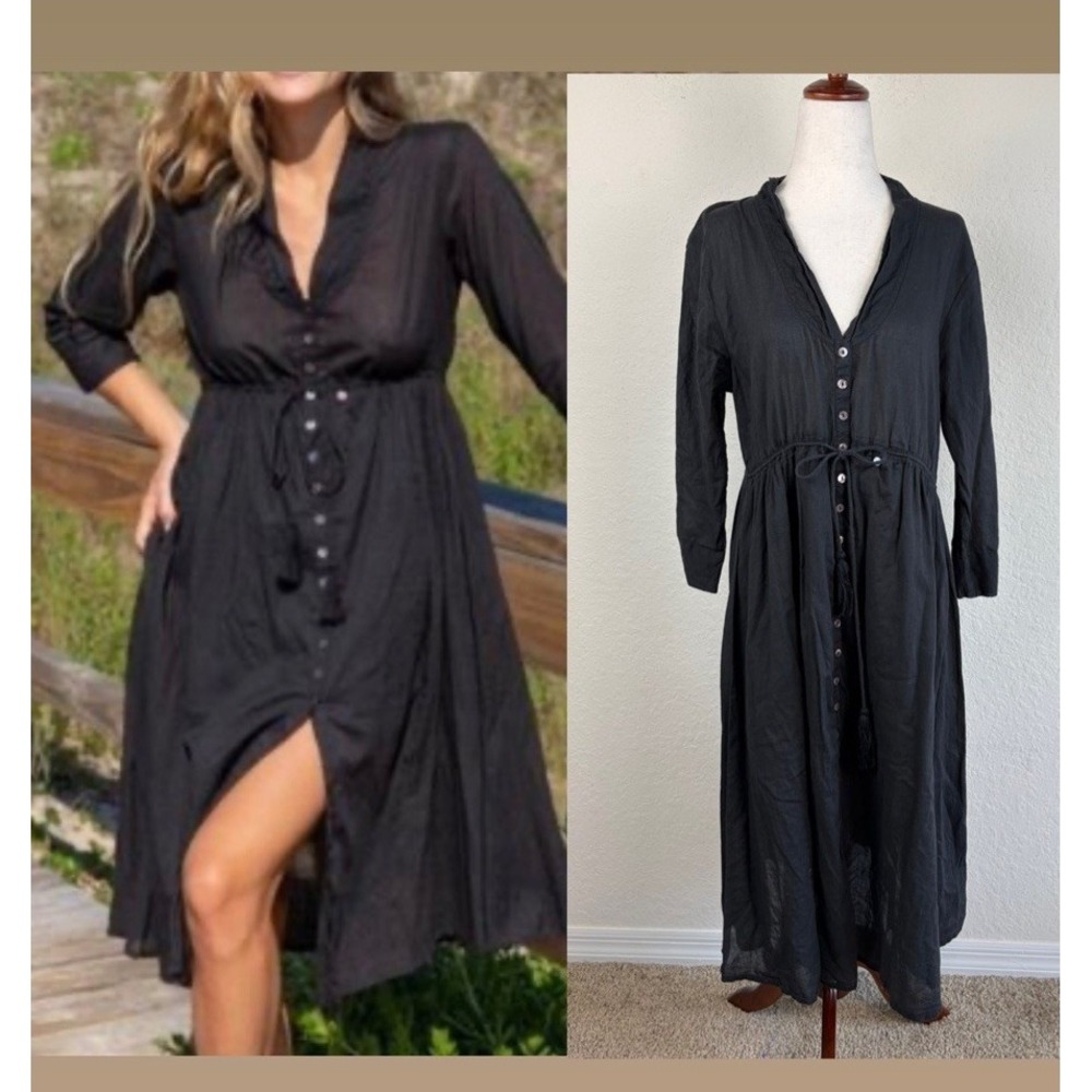 Natural Life M Cotton Midi Dress Black Button Front Shirt Peasant Minimalist
